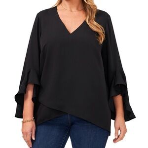 Vince Camuto Black V-Neck Double-Layer Ruffle Sleeve Top